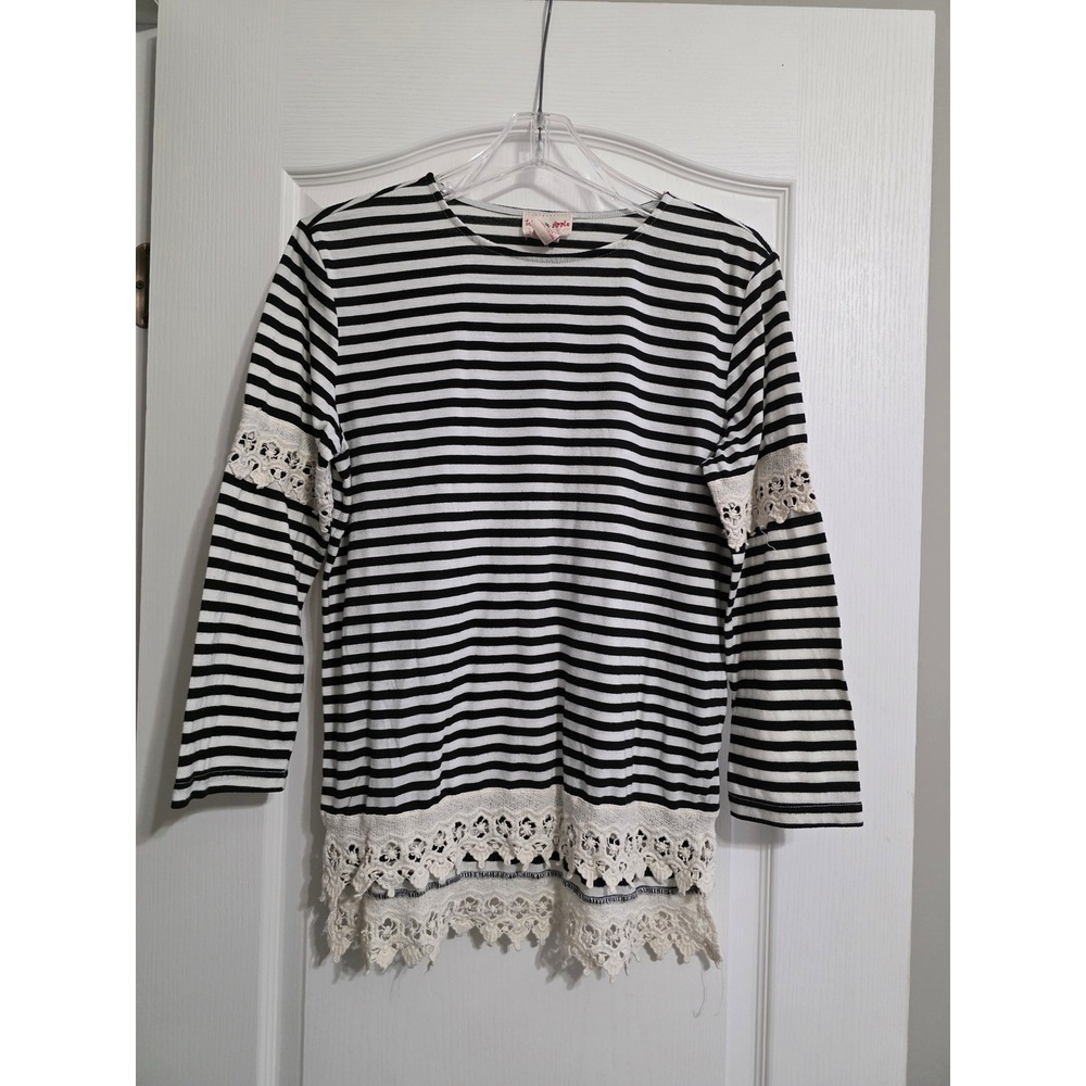 Toffee Apple Women Medium Black White Striped Lace Trim Long Sleeve Top Casual